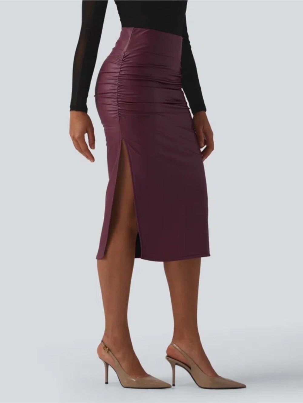 HALARA Burgundy Faux Leather Midi Skirt with Side Slit